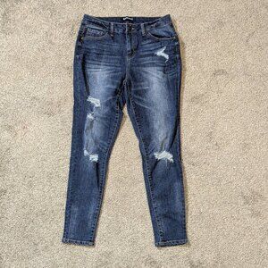 BLUE SPICE, Blue Denim Mid-Rise Distressed Stretchy Skinny Jeans; Size 7